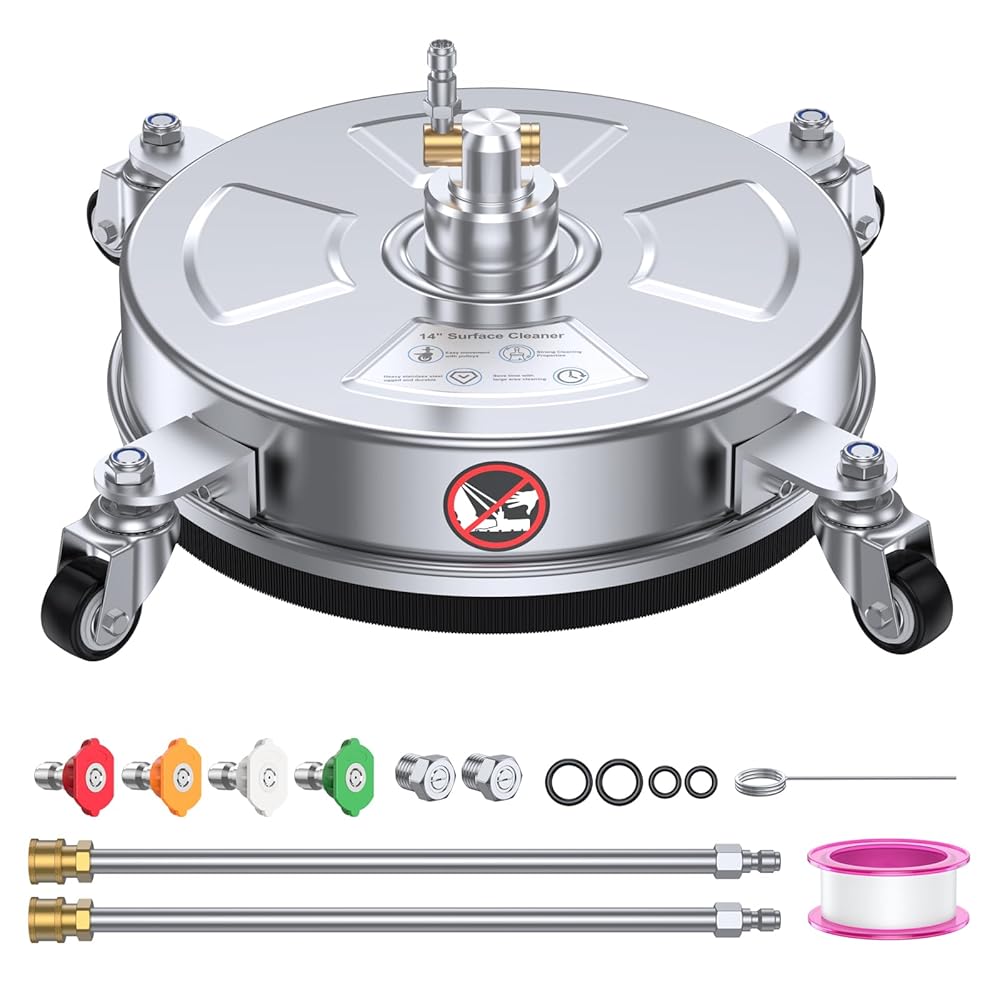 14" Pressure Washer Surface Cleaner 4500 PSI with 304 Industrial-grade Stainless Steel Housing,1/4” Quick Plug, 4 Universal Wheels, 2 x 15" Extended Wands, 2 Replacement...