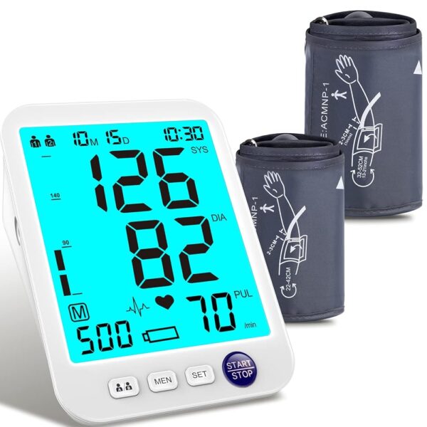 Blood Pressure Monitor-Automatic Blood Pressure Machine XL Cuff for Big Arms 13-21”-Medium/Large Cuff 9"-17" Extra Large Backlit LCD Two User 1000 Mem (Blue