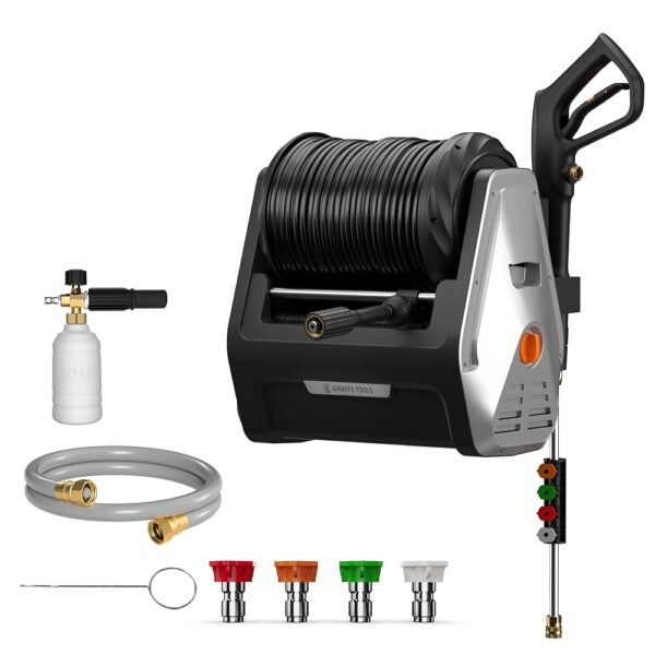 Giraffe Tools Grandfalls Pressure Washer, Max 2400 PSI, 2.0 GPM Electric Wall Mounted Power Washer with 100ft Retractable Pressure Hose, Foam Cannon, 4-Nozzles for... Giraffe Tools Grandfalls Pressure Washer, Max 2400 PSI, 2.0 GPM Electric Wall Mounted Power Washer with 100ft Retractable Pressure Hose, Foam Cannon, 4-Nozzles for...