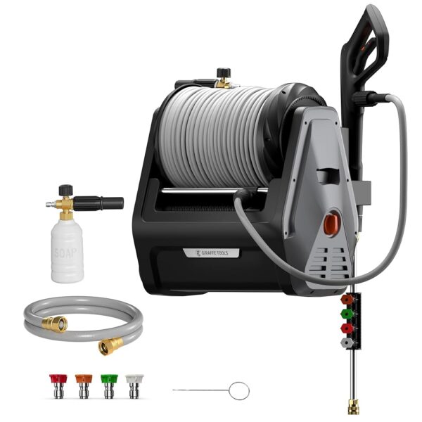 Giraffe Tools Grandfalls Pressure Washer Plus+, Electric Wall Mount Power Washer with 100FT Ultra-Soft Pressure Hoses, 2400PSI, 2.0GPM, 4 Nozzles, Foam Cannon for Cars/Patios,...