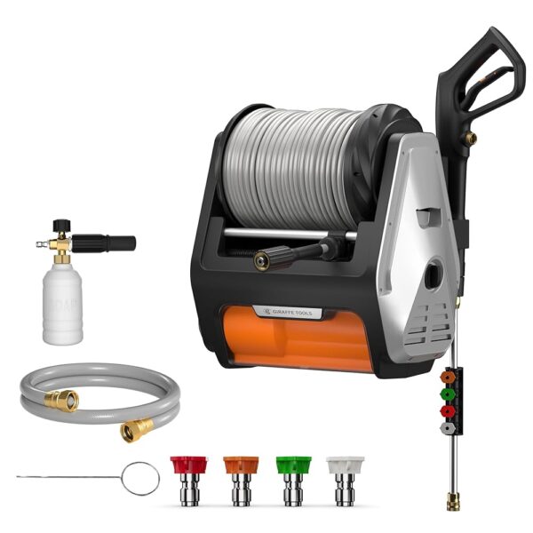 Giraffe Tools Grandfalls Pressure Washer PRO, Max 3300 PSI, 1.6 GPM Electric Wall Mounted Power Washer with 100ft Retractable Hose, Foam Cannon, 4-Nozzles for... Giraffe Tools Grandfalls Pressure Washer PRO, Max 3300 PSI, 1.6 GPM Electric Wall Mounted Power Washer with 100ft Retractable Hose, Foam Cannon, 4-Nozzles for...