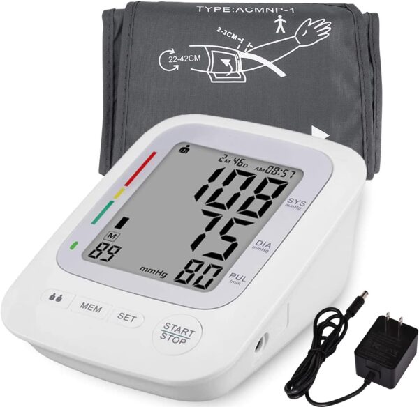 Electronic Blood Pressure Monitor, Upper Arm Automatic Digital BP Monitor Large Cuff, 2 Users 180 Memory Large Display, Irregular Heart Rate Indication, with DC Adapter for Home...