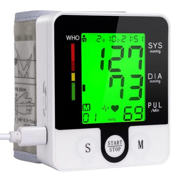 Wrist Blood Pressure Monitor, Talking Digital Automatic Blood Pressure Machine, Rechargeable Blood Pressure Cuff for Home Use, Adjustable Bp Cuff, Large 3 Color Backlit LCD Display